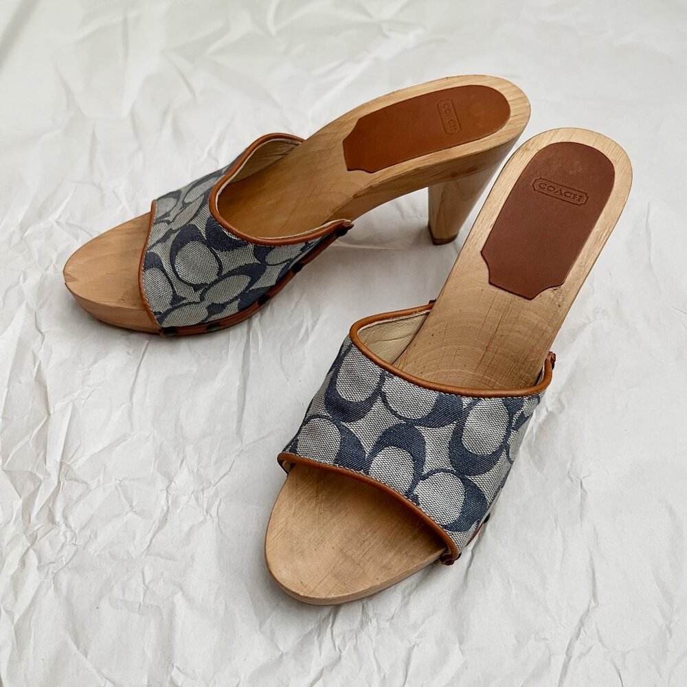 Coach Brenda Logo Wooden Platform Heeled Sandals Sz 7 Blue Made in Italy